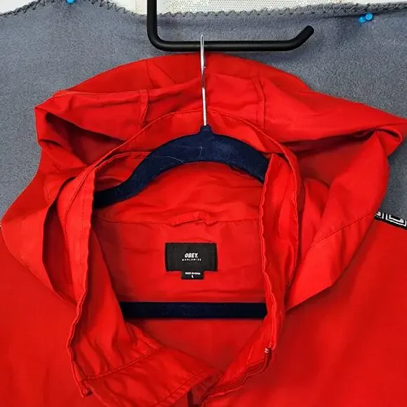 OBEY Worldwide Mens Jacket Large Red Windbreaker Hooded Outdoor Hiking Gorpcore - Picture 7 of 16